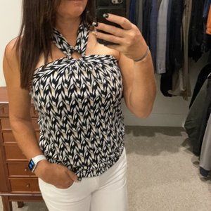 WHBM NWT Sleeveless geometric navy white and beige top Small